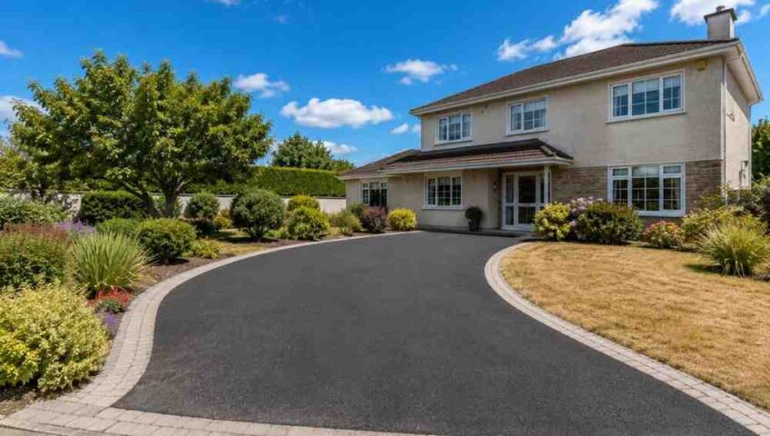Newly completed smooth black tarmac driveway with light granite block paving borders leading to a detached 1970s Irish family home in County Kildare, with a straw-coloured summer lawn, mature shrubs and bright blue sky.