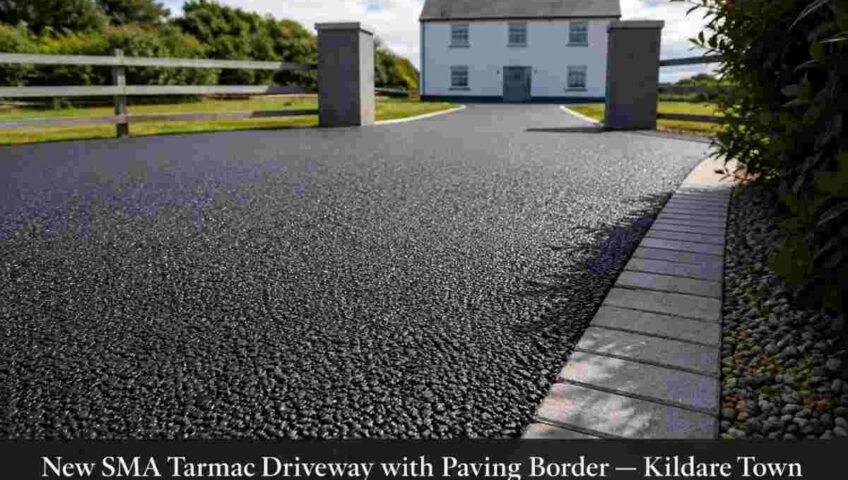 Close-up of a newly laid SMA tarmac driveway in Kildare Town, showing the textured asphalt surface and contrasting light paving border leading towards a white country home. Caption: “New SMA Tarmac Driveway with Paving Border — Kildare Town.”