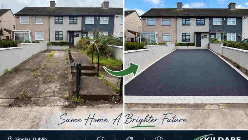 Before and after driveway transformation in Finglas, Dublin by Kildare Tarmac & Asphalt, showing the same home with a new SMA tarmac driveway and paving border. Same Home. A Brighter Future. Durable surfaces, enhanced kerb appeal, trusted across Leinster, driveways that last.